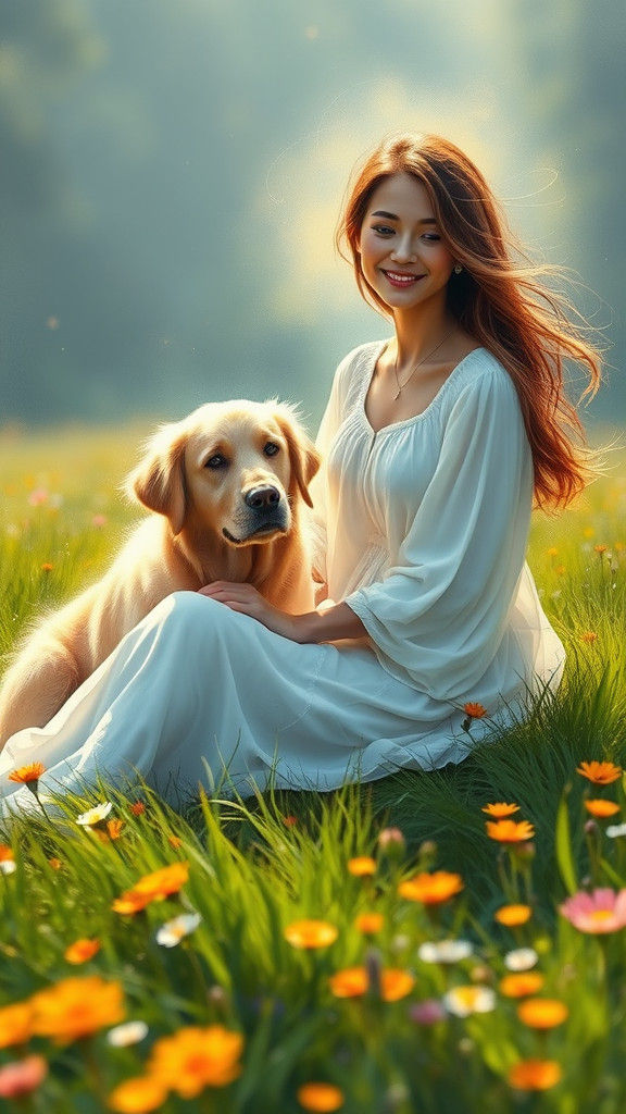 Woman and Dog in Meadow with Ethereal Glow