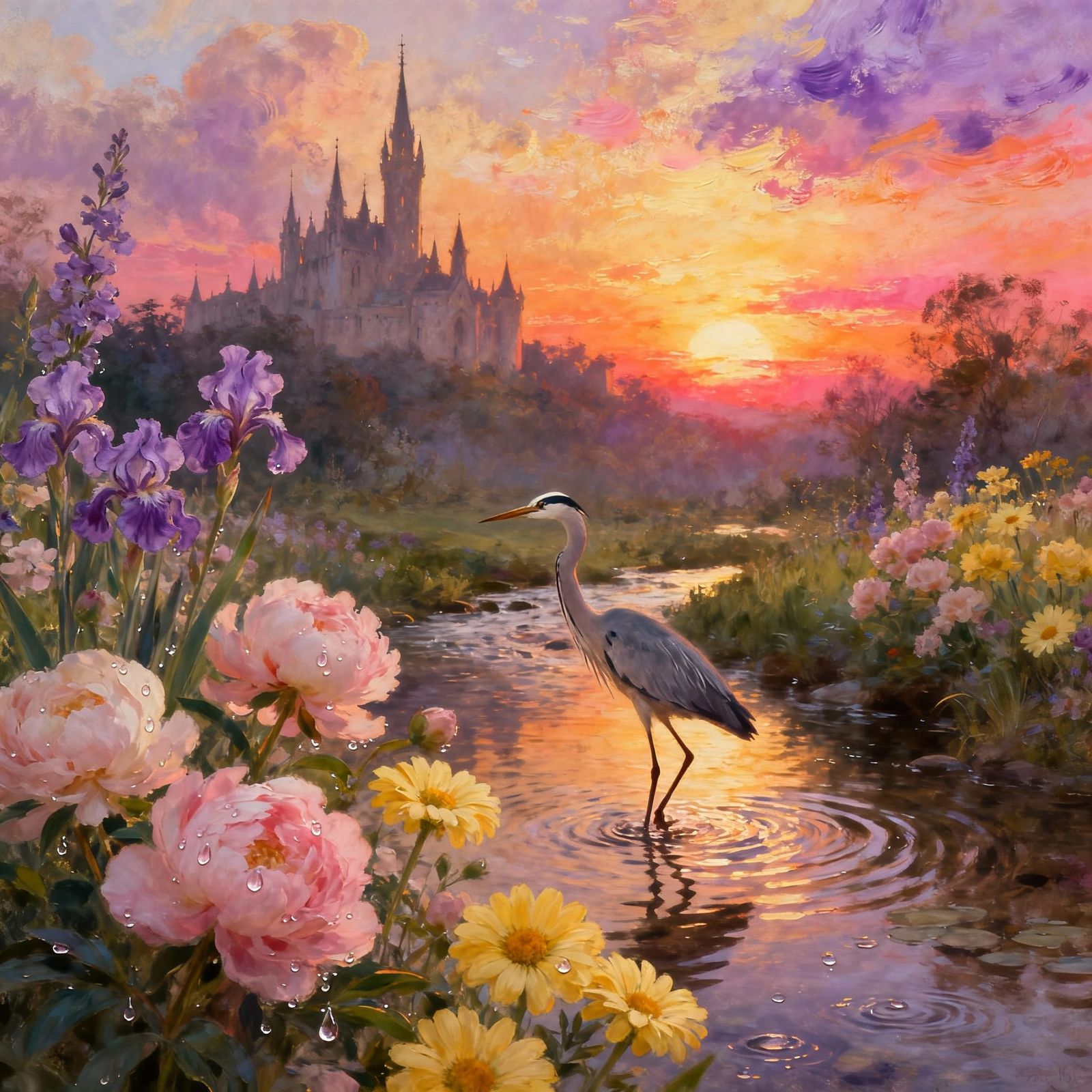 Sunset Landscape with Heron, Castle, and Pastel Flowers