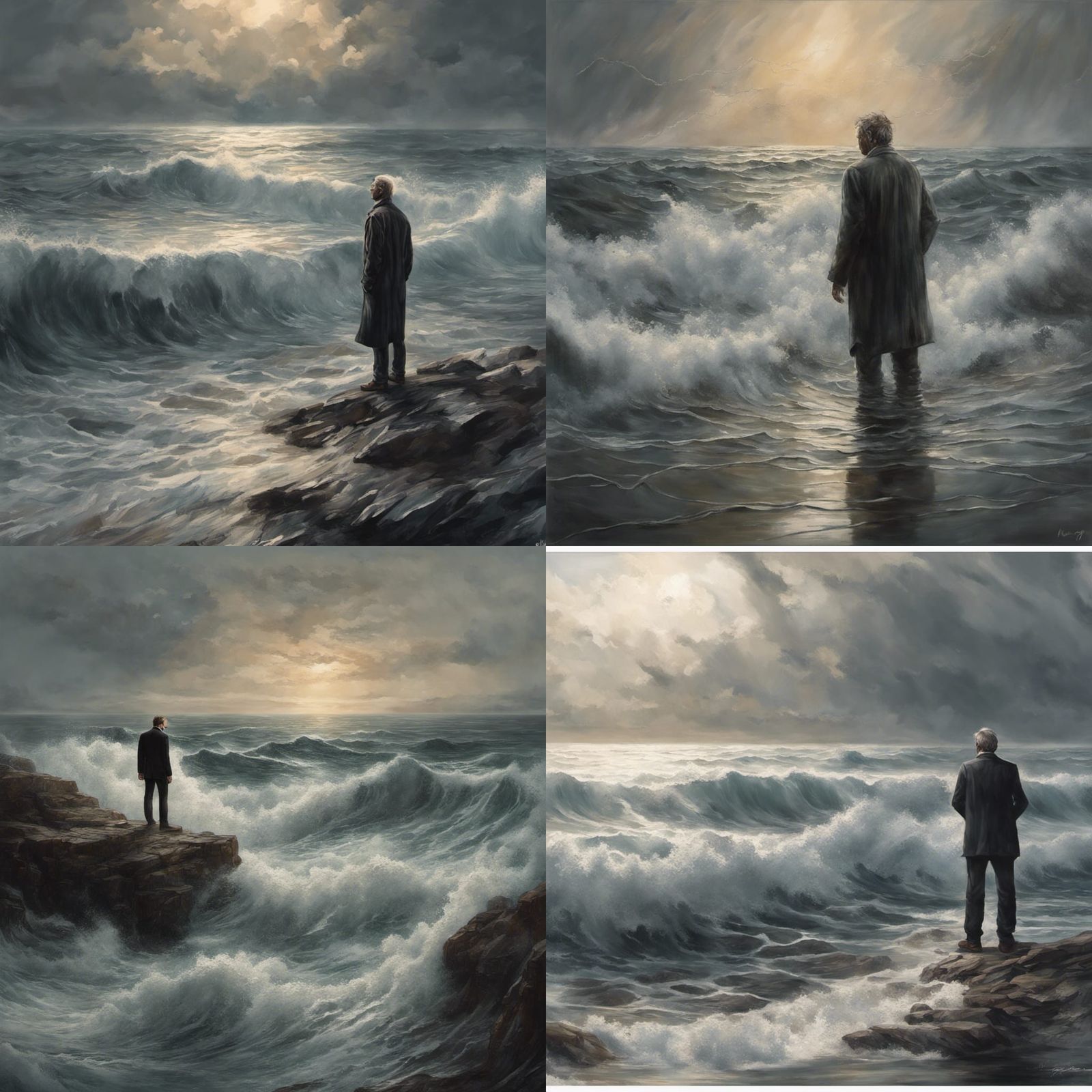 Man at Sorrowful Sea: Hyperrealistic Splash Art