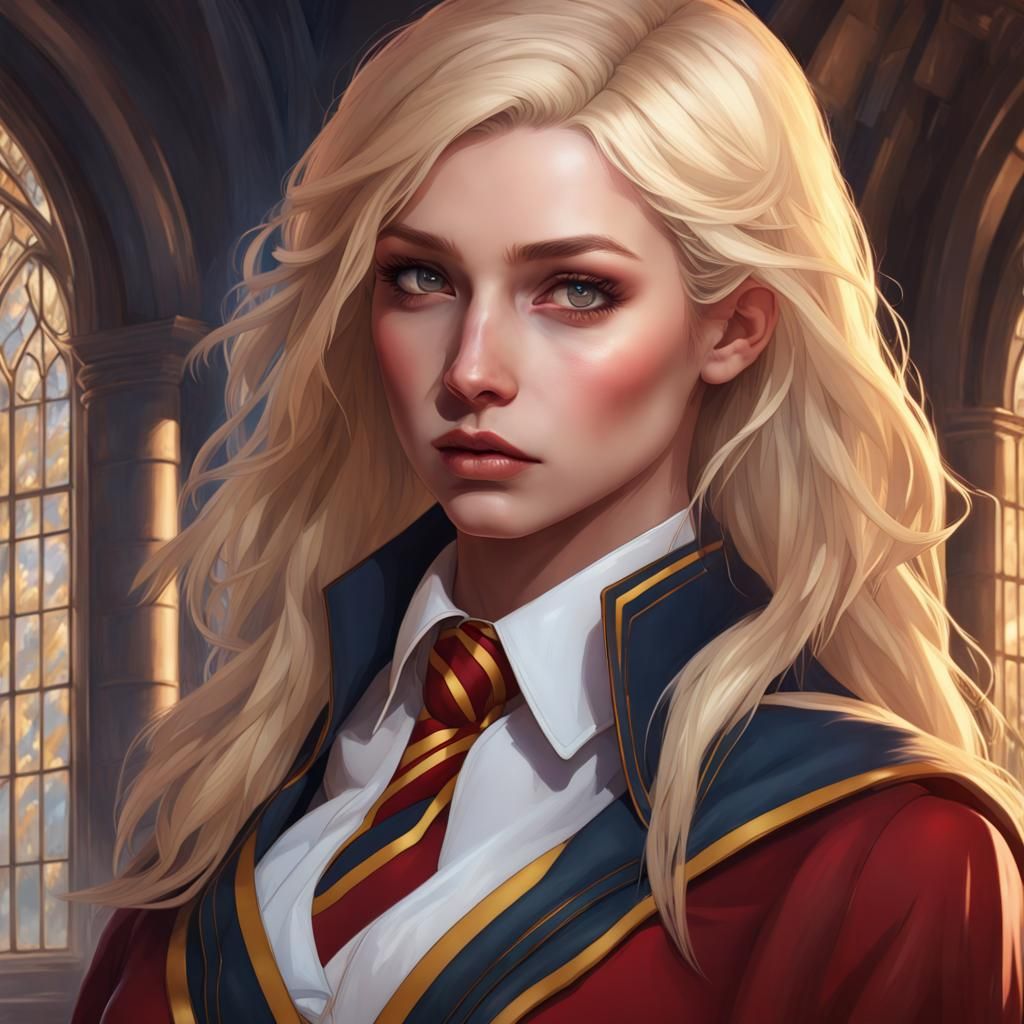 Gothic Blonde Girl in Hogwarts Uniform: Detailed Portrait