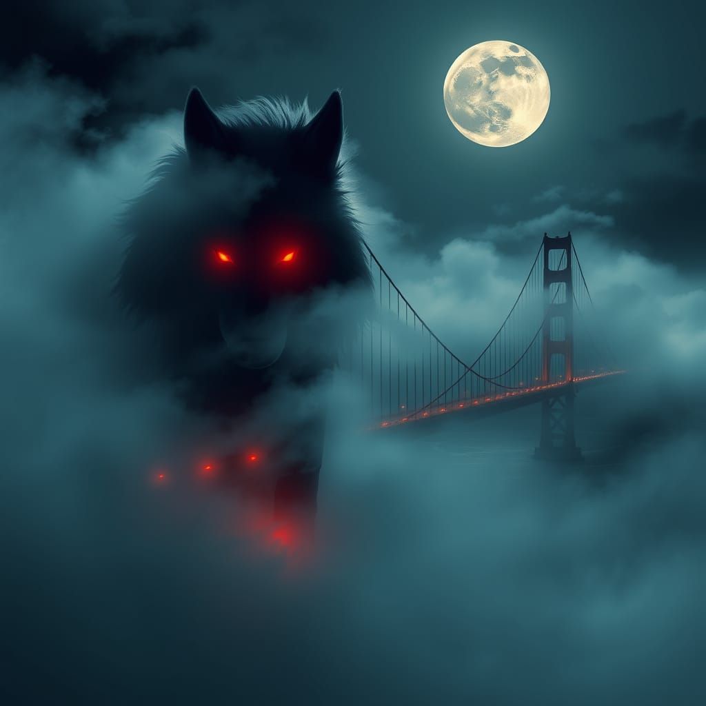 Fog Wolf Under Golden Gate Bridge in Comic Style