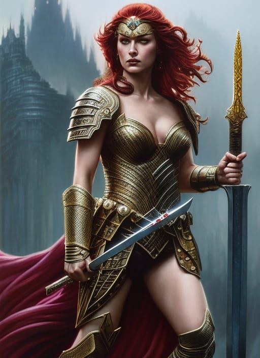 Hyperrealistic Red Sonja in Dark Fantasy Battle Scene