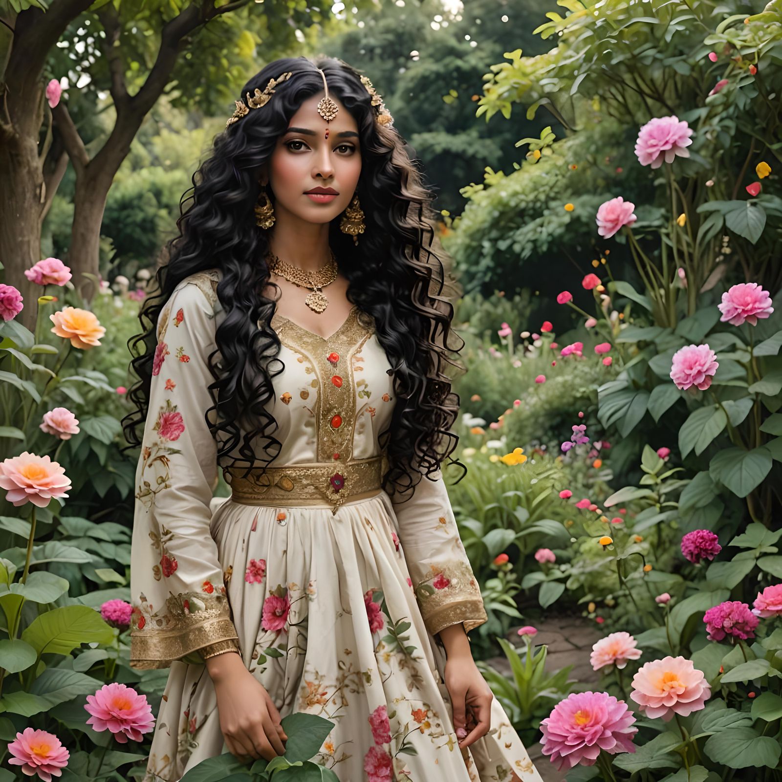 Indian Princess with Curly Hair in Garden