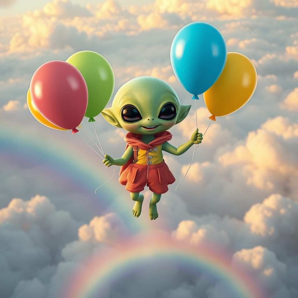 Joyful Alien Floats Over Dreamy Landscape