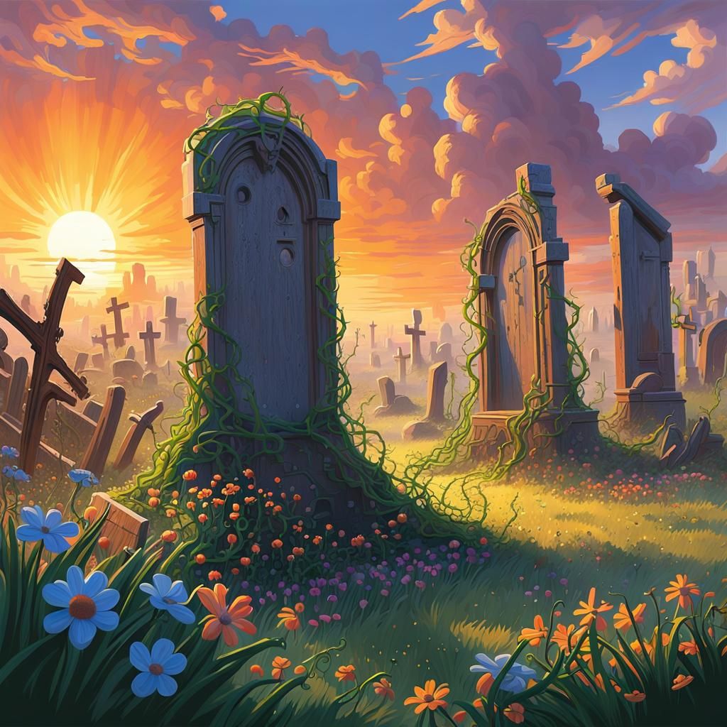 Graveyard Sunrise Matte Painting in Golden Light