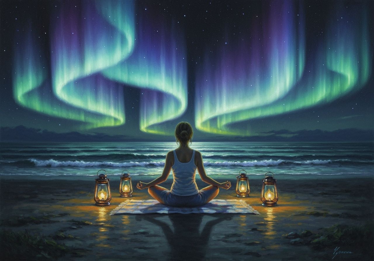 Serene Yoga Pose Under Northern Lights and Ocean Glow