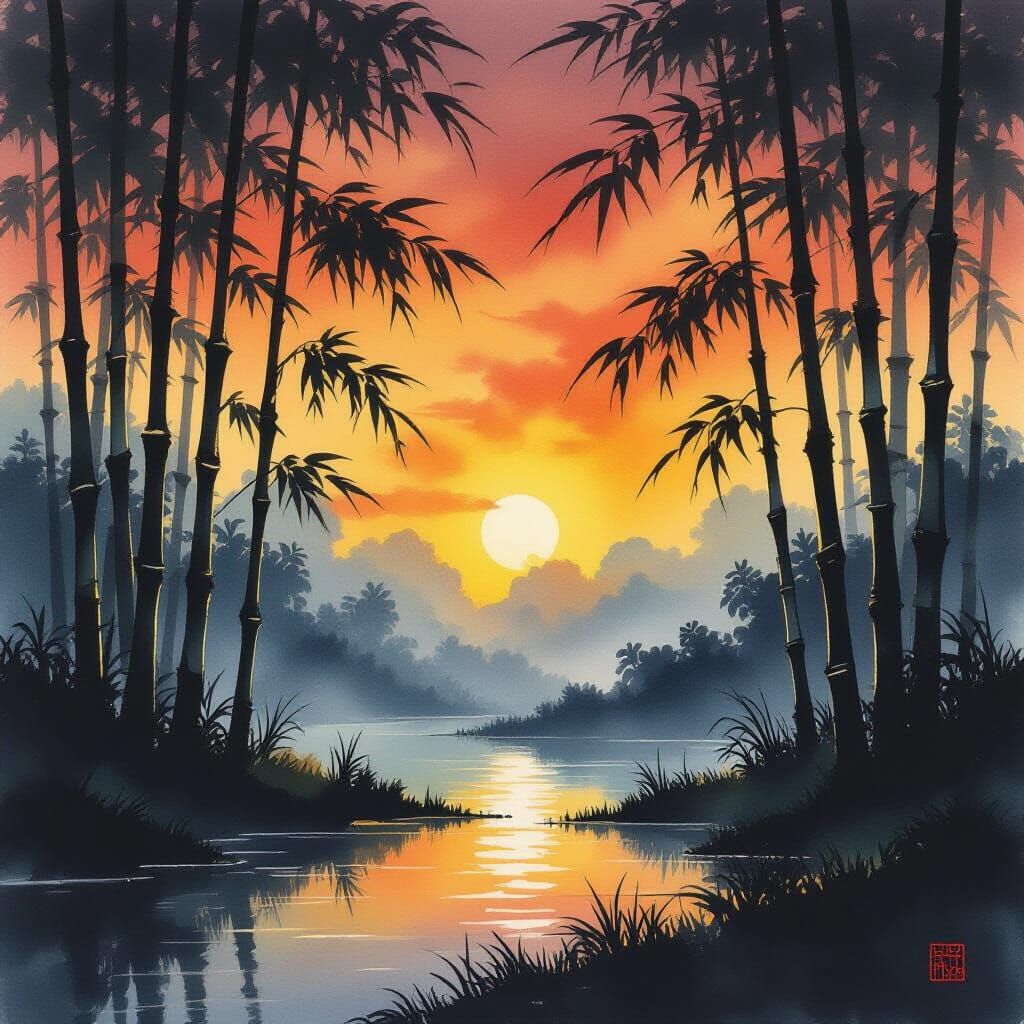 Bamboo Grove in Sunset Ink Wash Painting