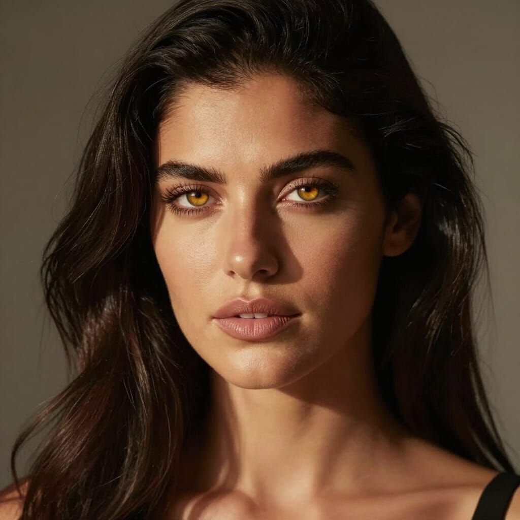 Hyper-Realistic Portrait of Spanish Woman with Golden Eyes