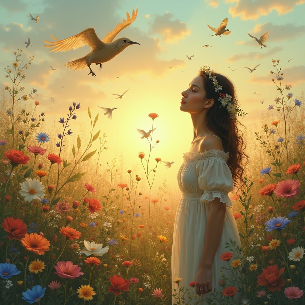 Woman in Serene Landscape with Golden Light
