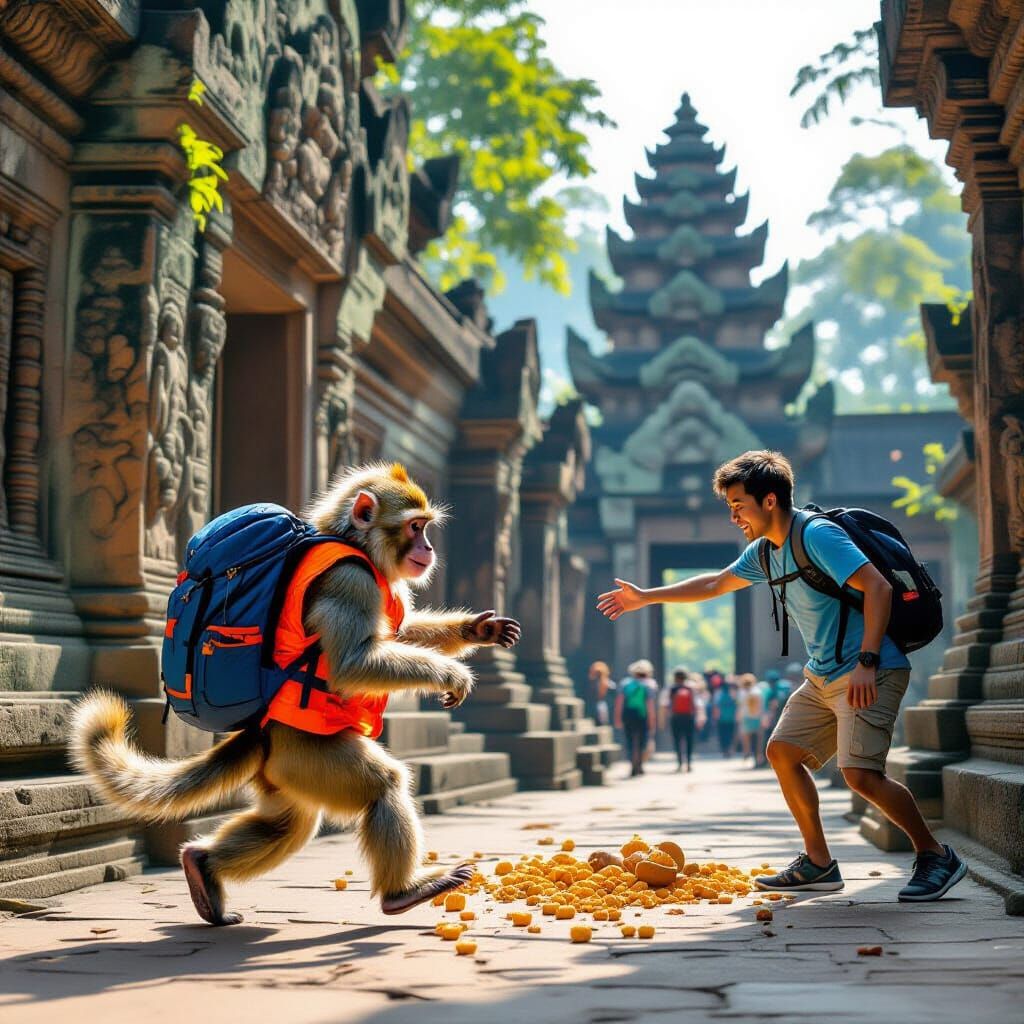 Monkey Thief Steals Backpack near Asian Temple
