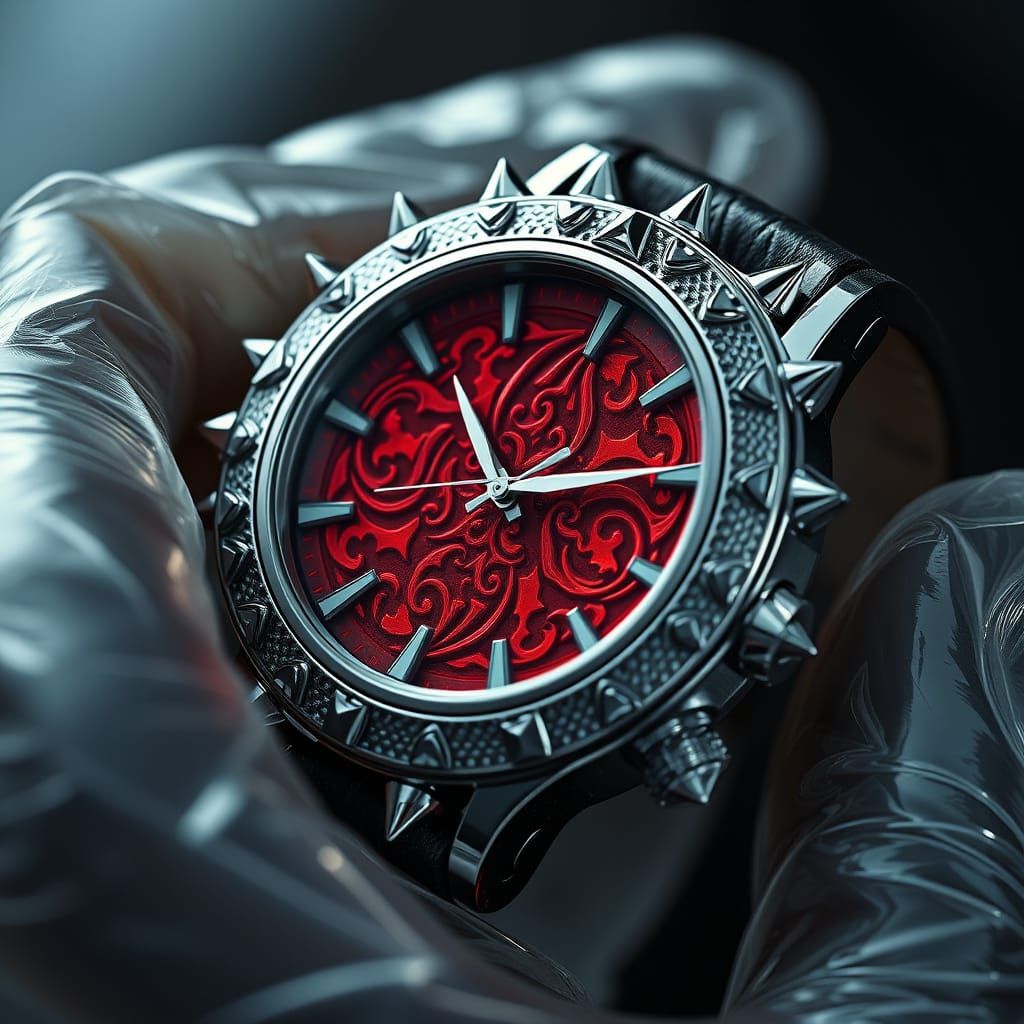 Luxurious Baroque Wristwatch with Crimson Face and Spiked Me...
