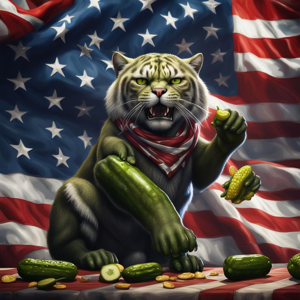 Diamond-Eyed Cat Eats Pickle in Front of Flag