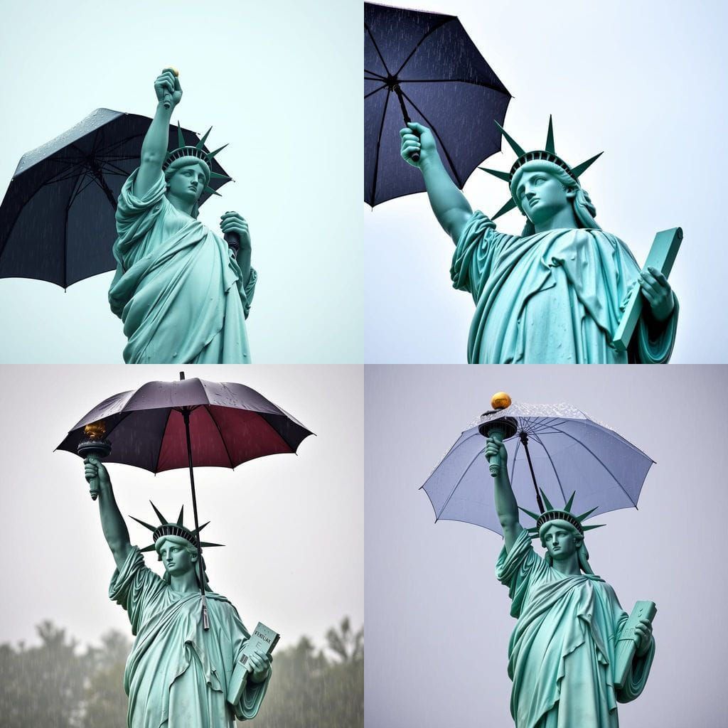 Lady Liberty in Rainy Weather, Holding an Umbrella