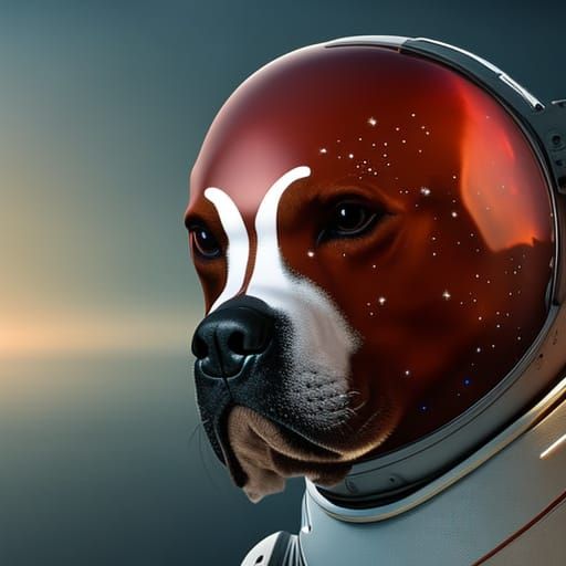 Pitbull in Astronaut Helmet Stargazing in Space