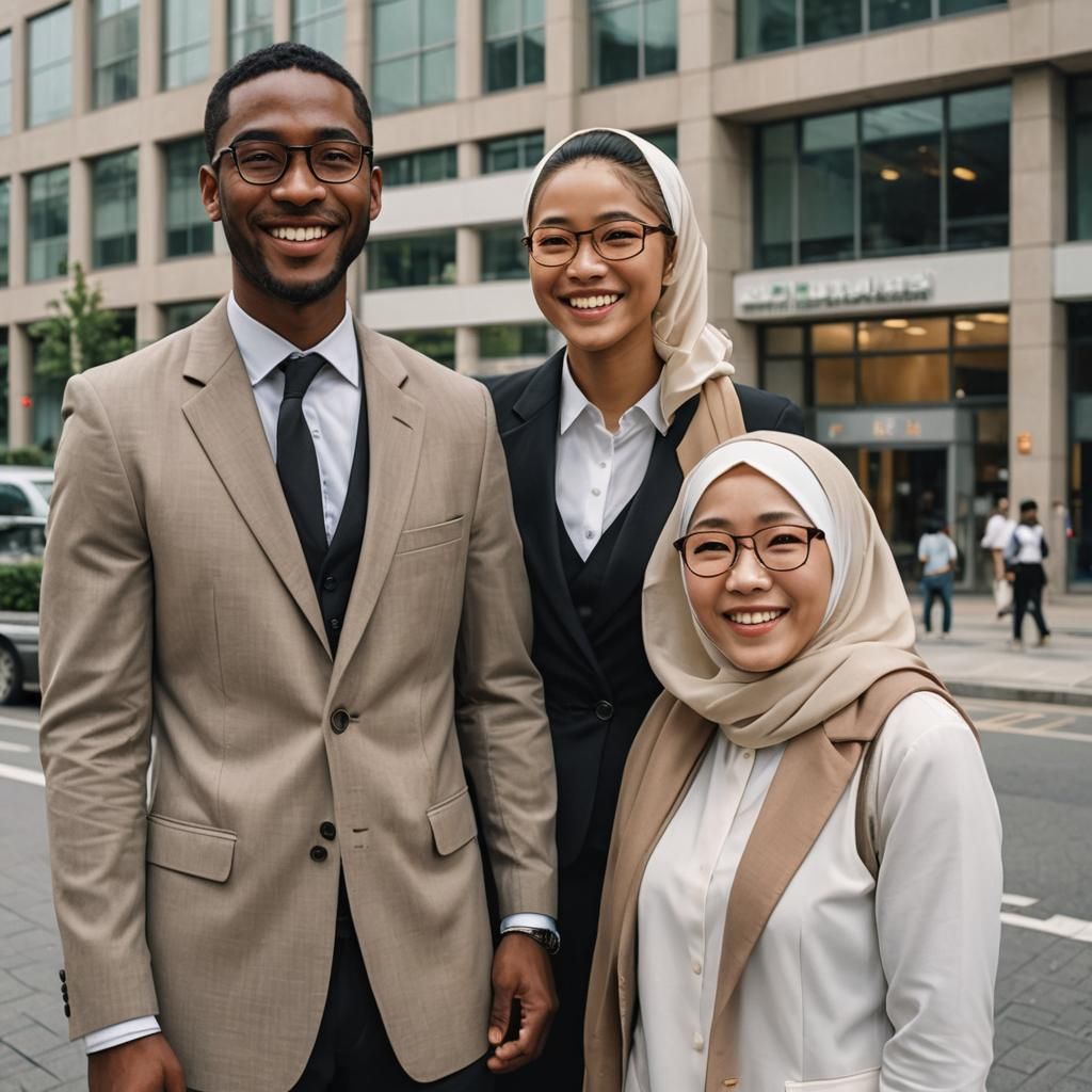Portrait of a Man and Woman in Front of Office