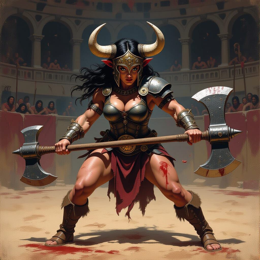 Female Minotaur in Roman Arena, Dark Fantasy Art