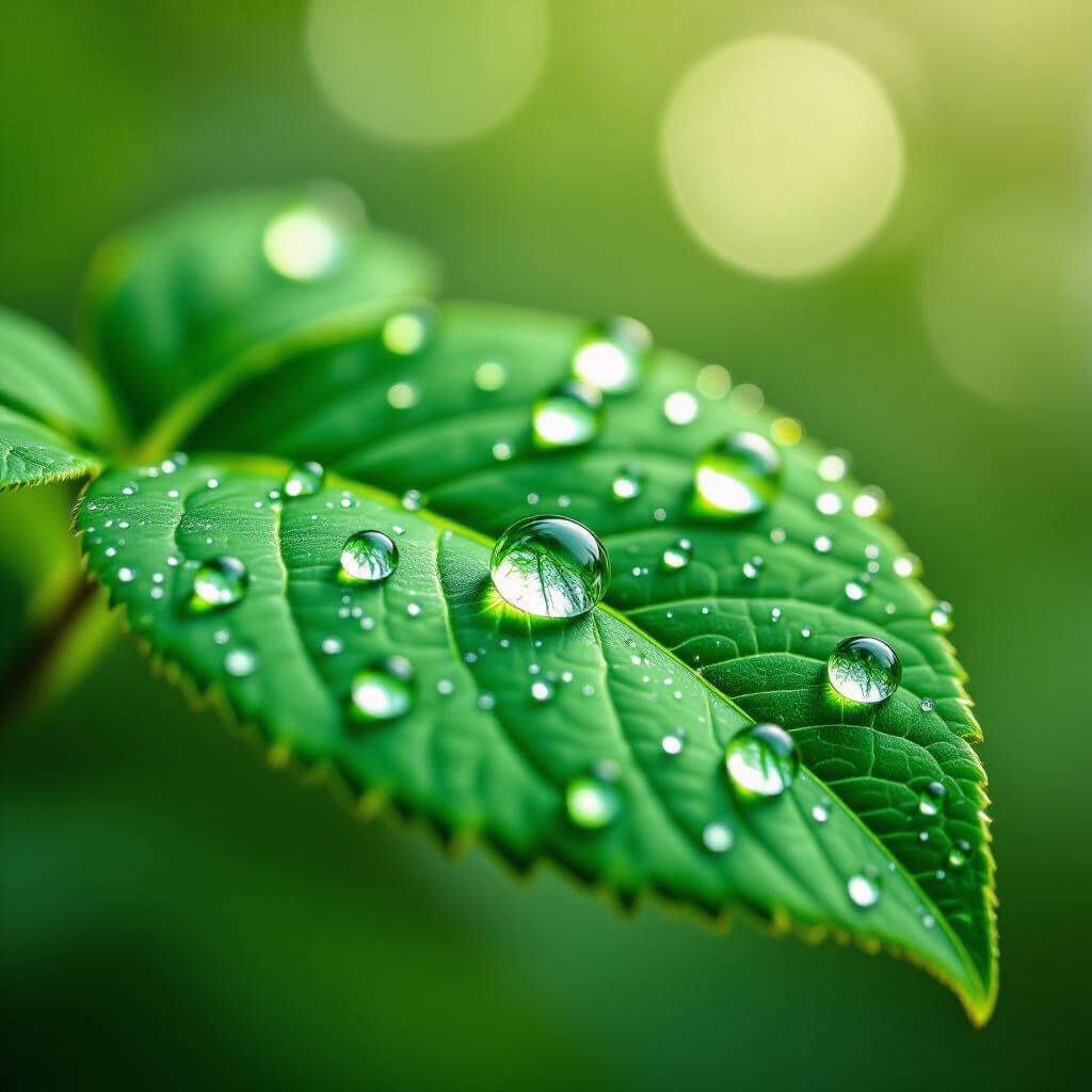 Refracting Light: Water Droplets on Green Leaf