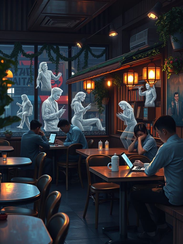 Dreamlike Cafe Scene at Night, Featuring Hyperrealistic Spla...