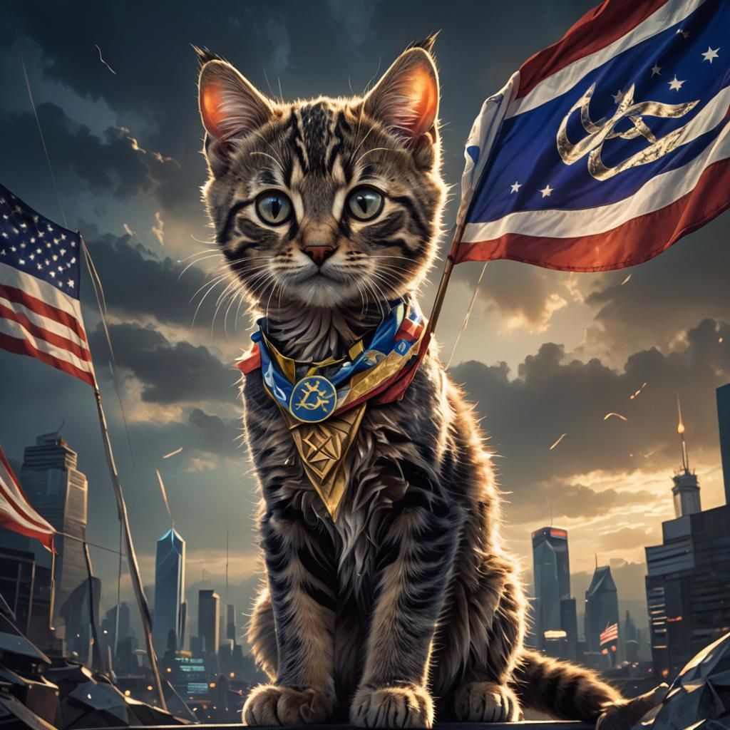 Kitten with Olympic Flag in Neon Futurism Style