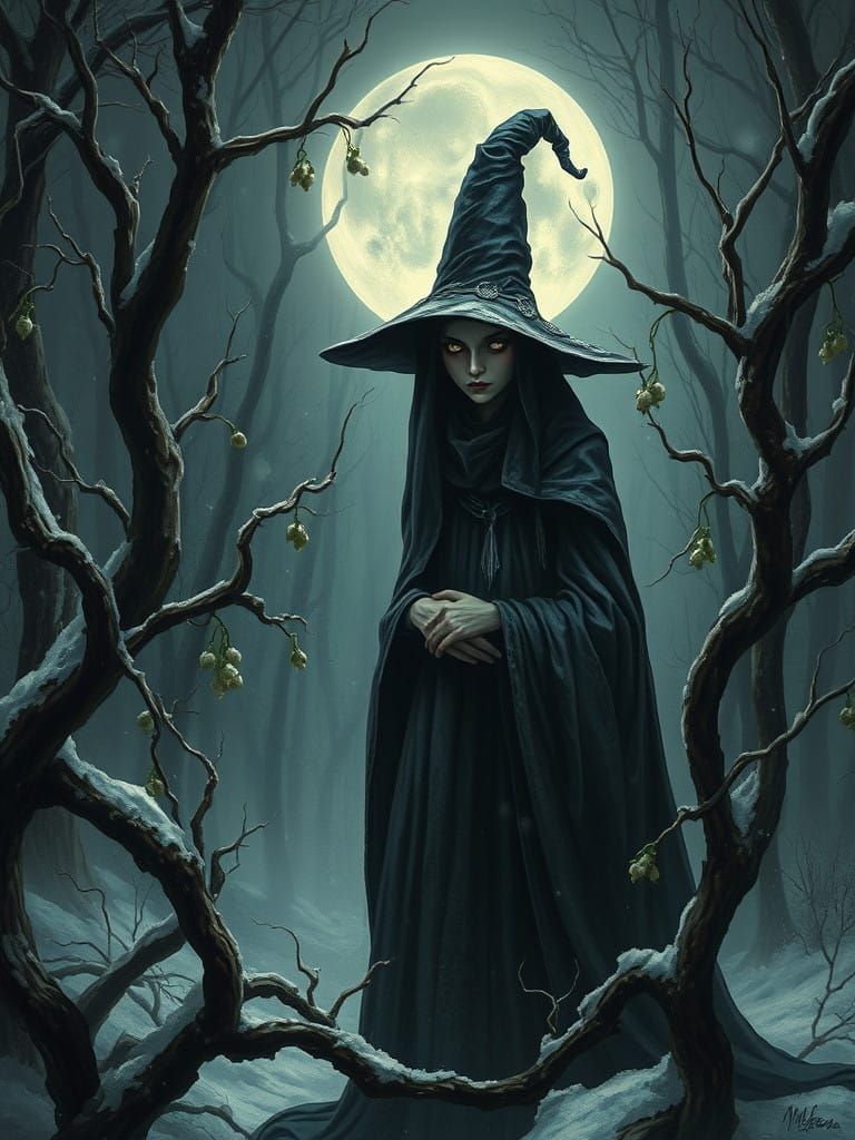 Dark Christmas Sorceress in Snowy, Moonlit Forest