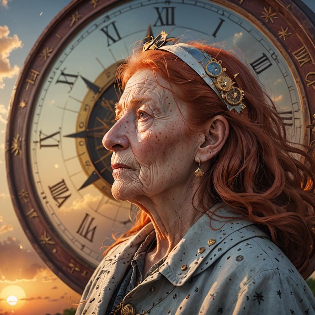 Sympathetic Old Woman with Vortex Sunset: Photorealistic Por...