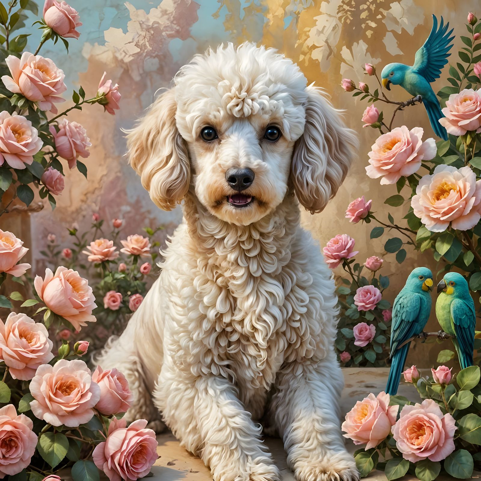 Elegant Poodle and Parrot Art in Pink Roses