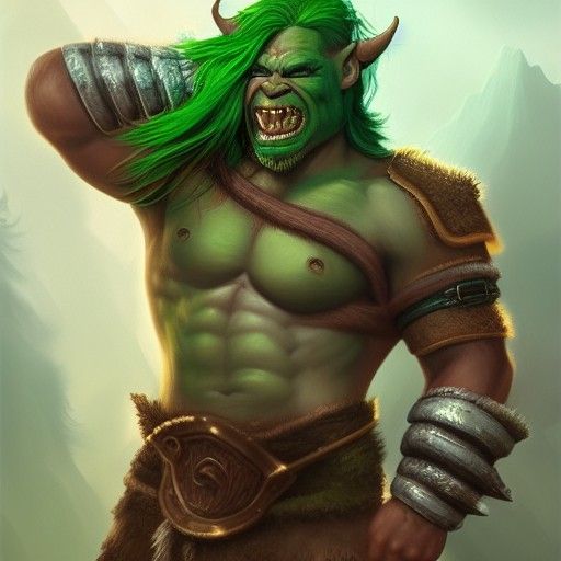 Handsome Orc Barbarian with Green Hair in Oil Painting Style