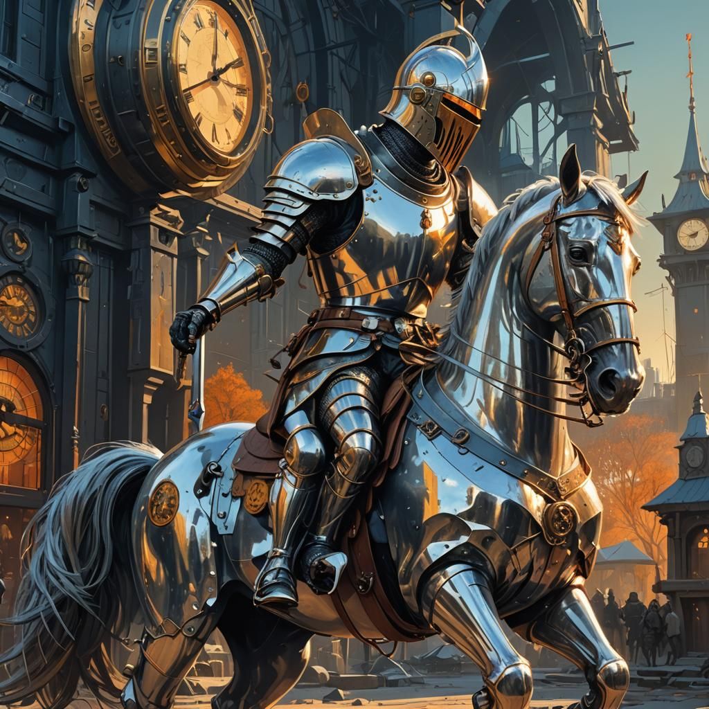 Knight in Silver Armor Beside Clockwork Timepiece