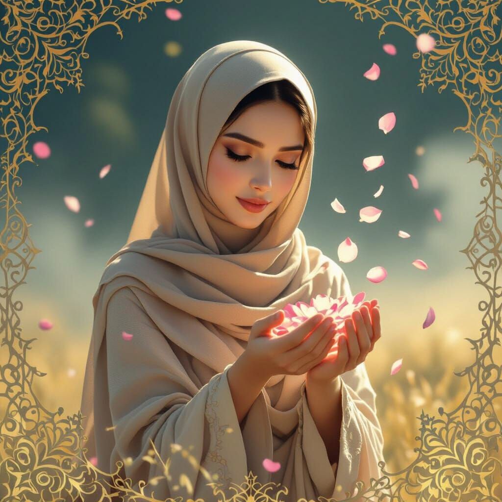 Ethereal Woman in Hijab Releasing Petals