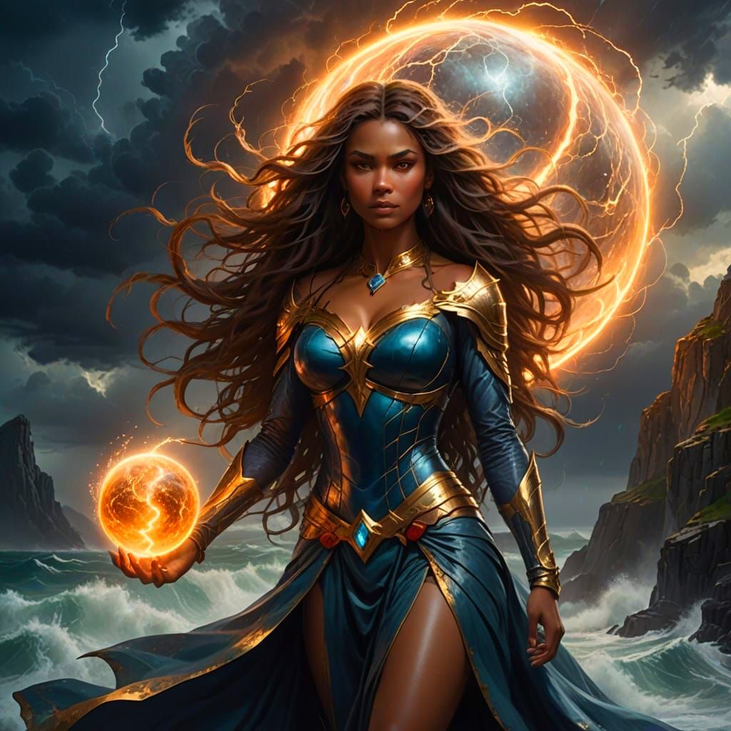 Goddess of the Stormy Realm in Vibrant Attire
