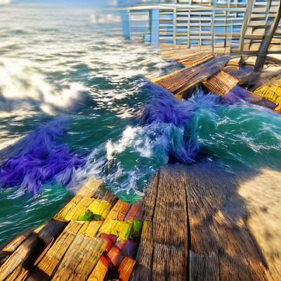 Waves Crashing Over Pier at Sunset