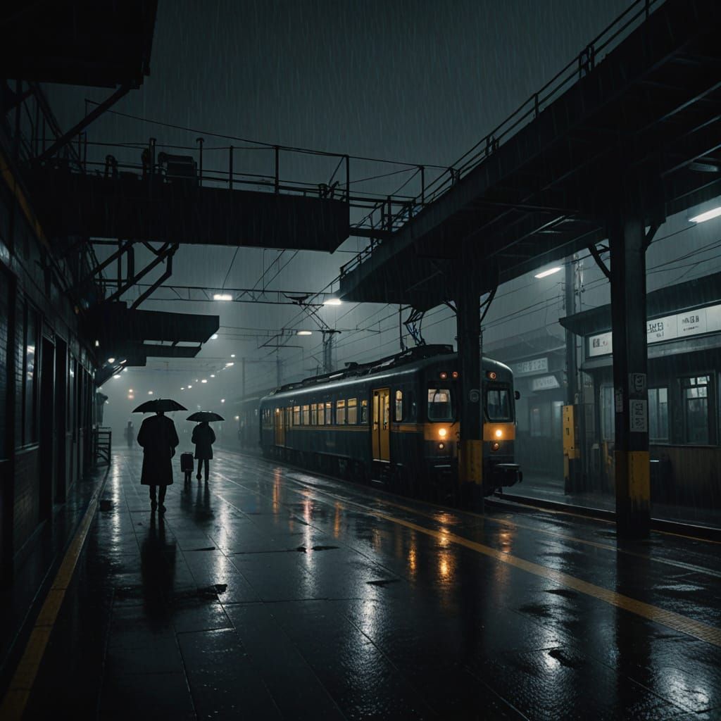 Ethereal Train Station Amidst Rainy Night
