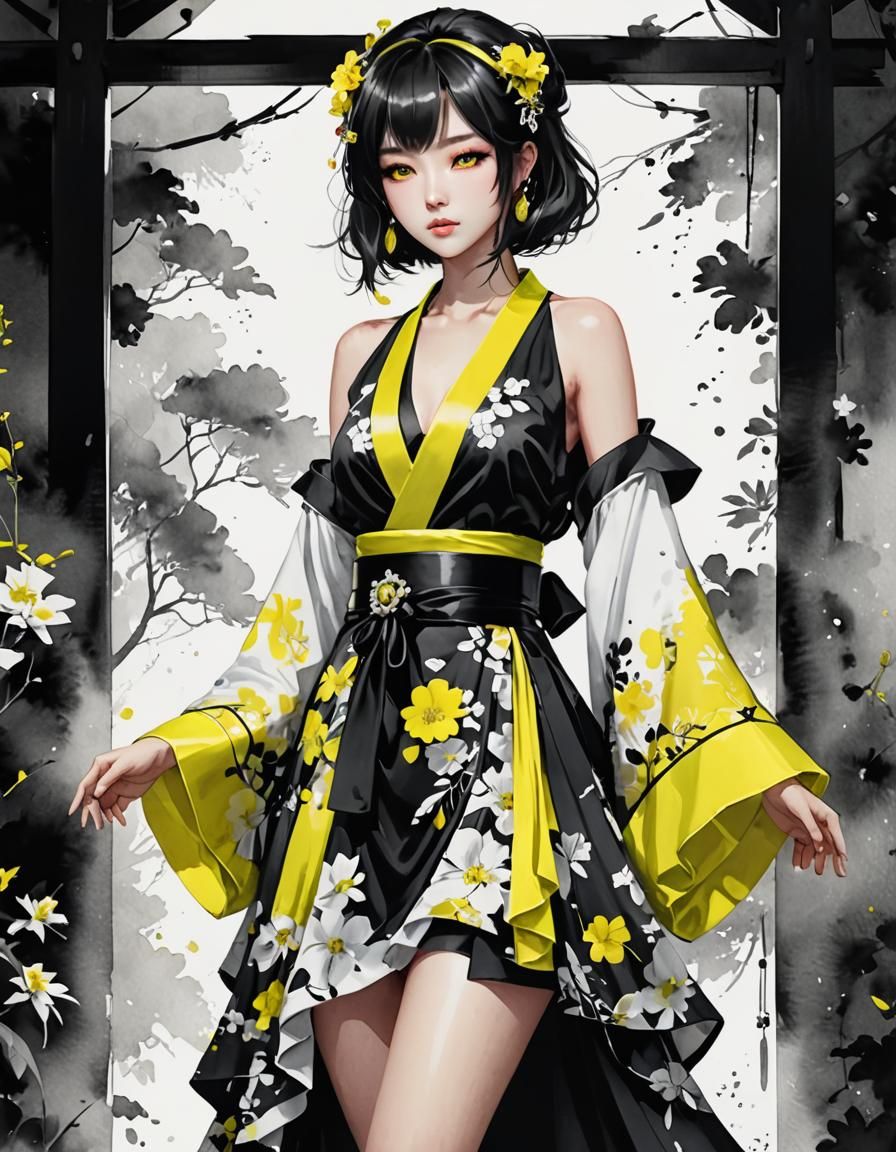 Neon Kimono in High Contrast Watercolor Style