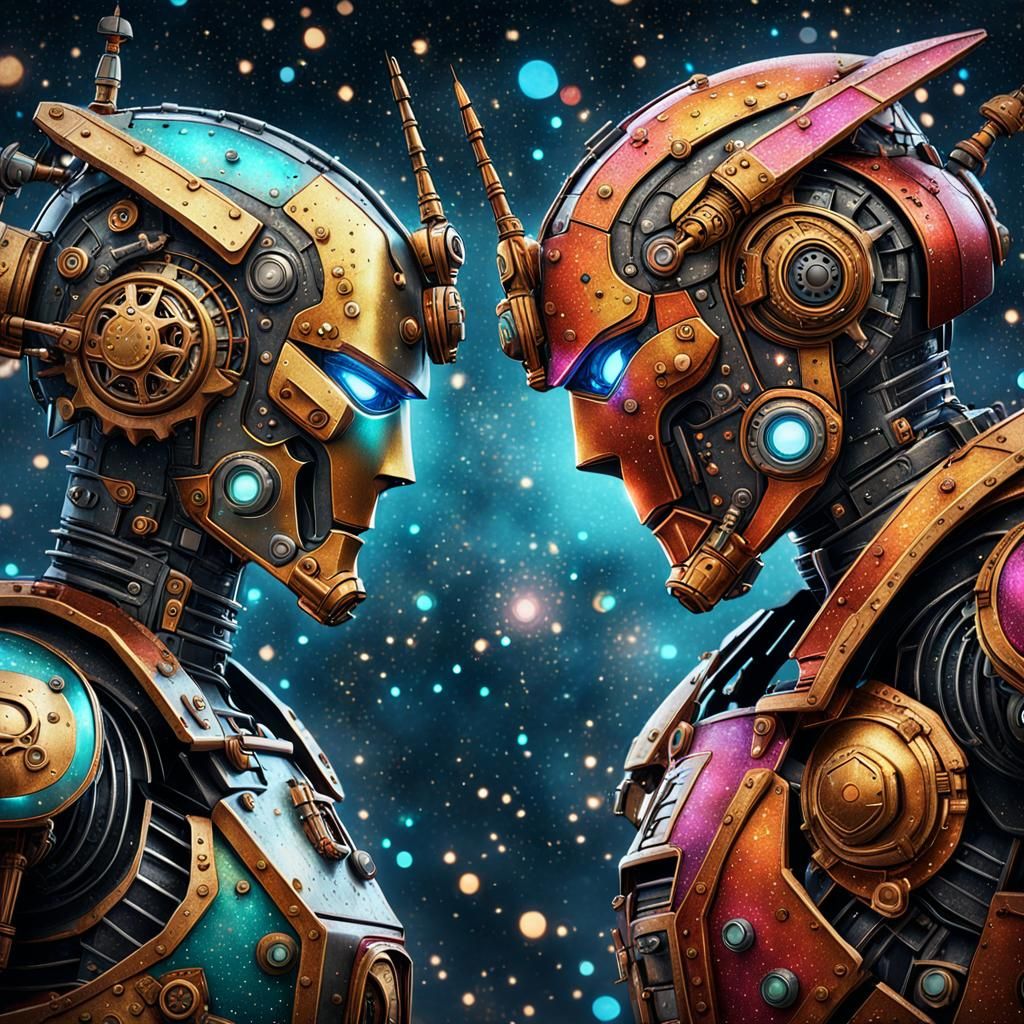 Colorful Steampunk Mecha Warriors Prepare for Combat