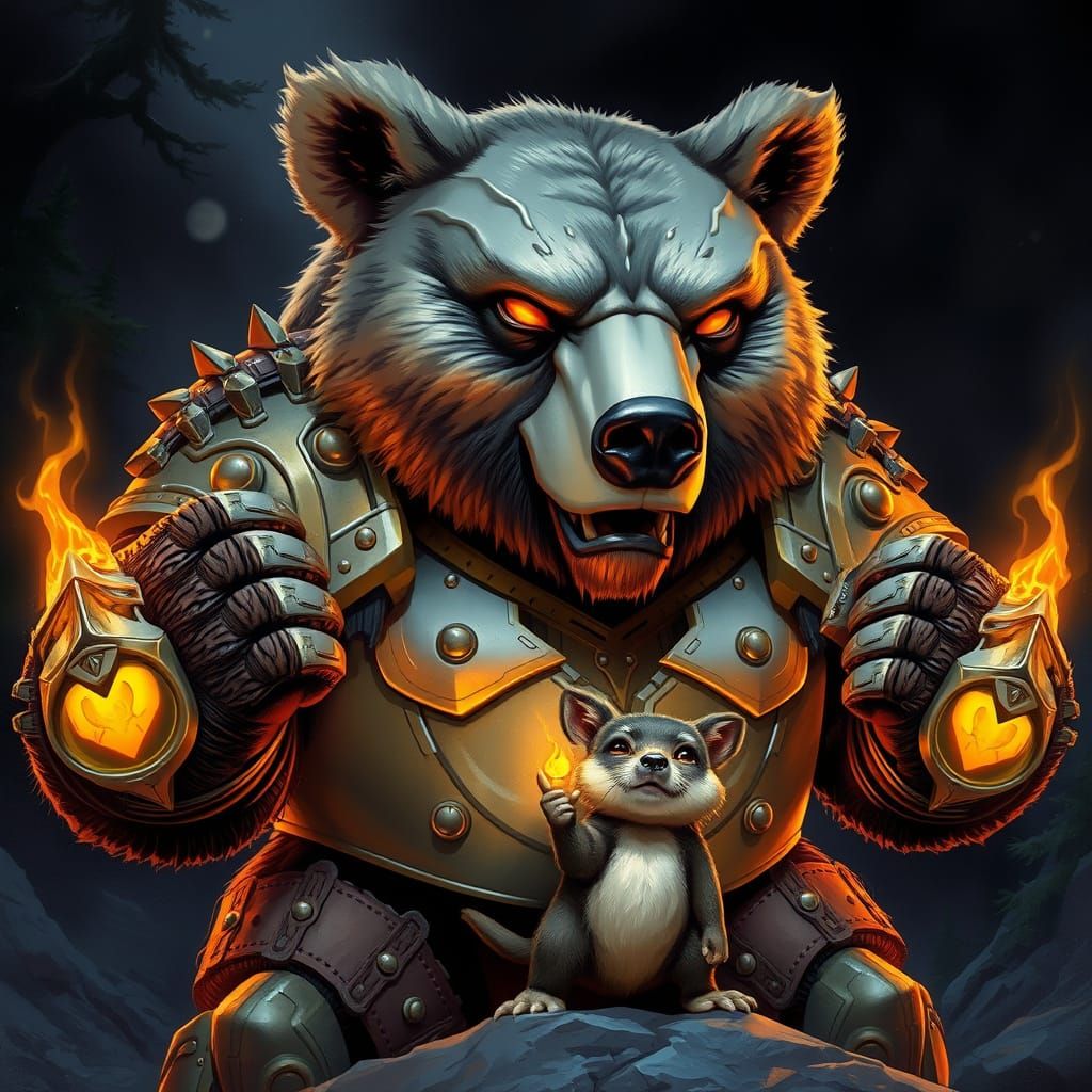 Heroic Grizzly Bear in Metallic Armor Protects Tiny Forest F...