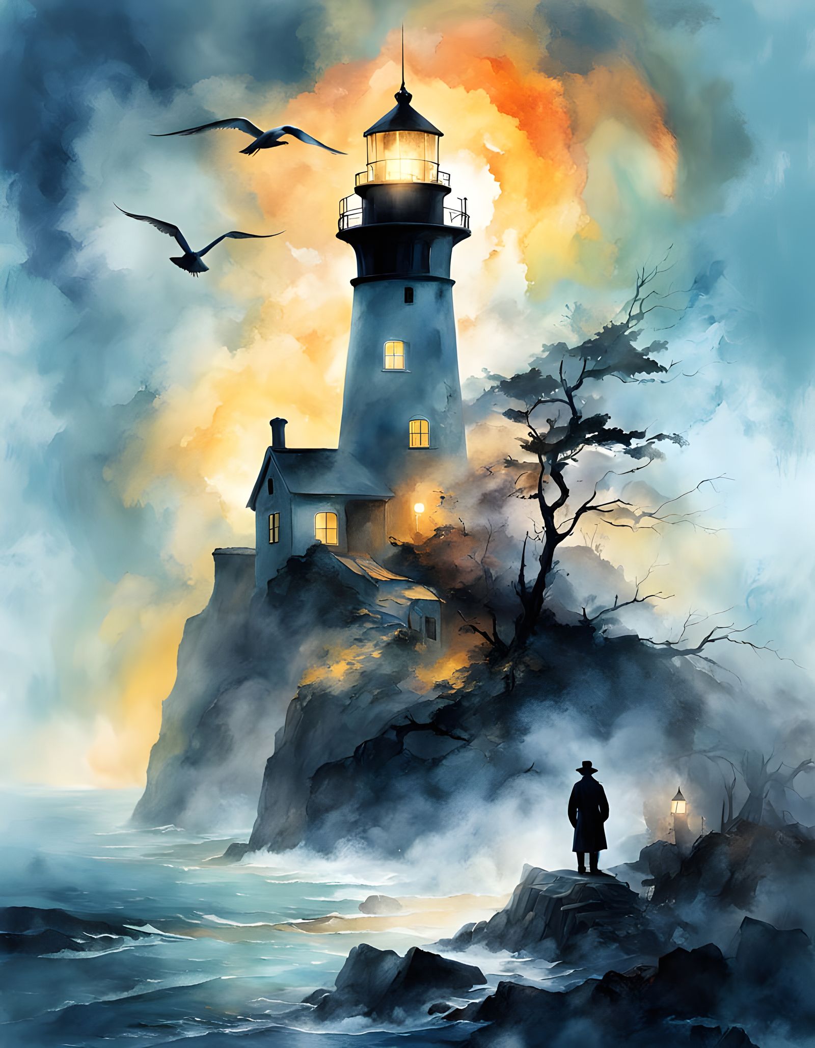 Dreamy Seascape Lighthouse Keeper in Watercolor Style