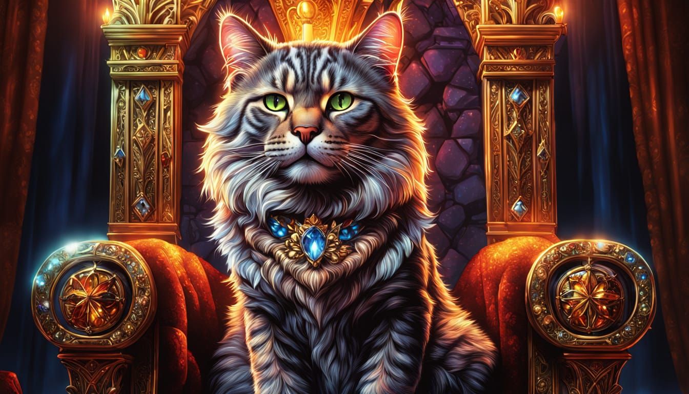 Regal Feline in Twisted Crystal Throne, Glowing with Vibrant...