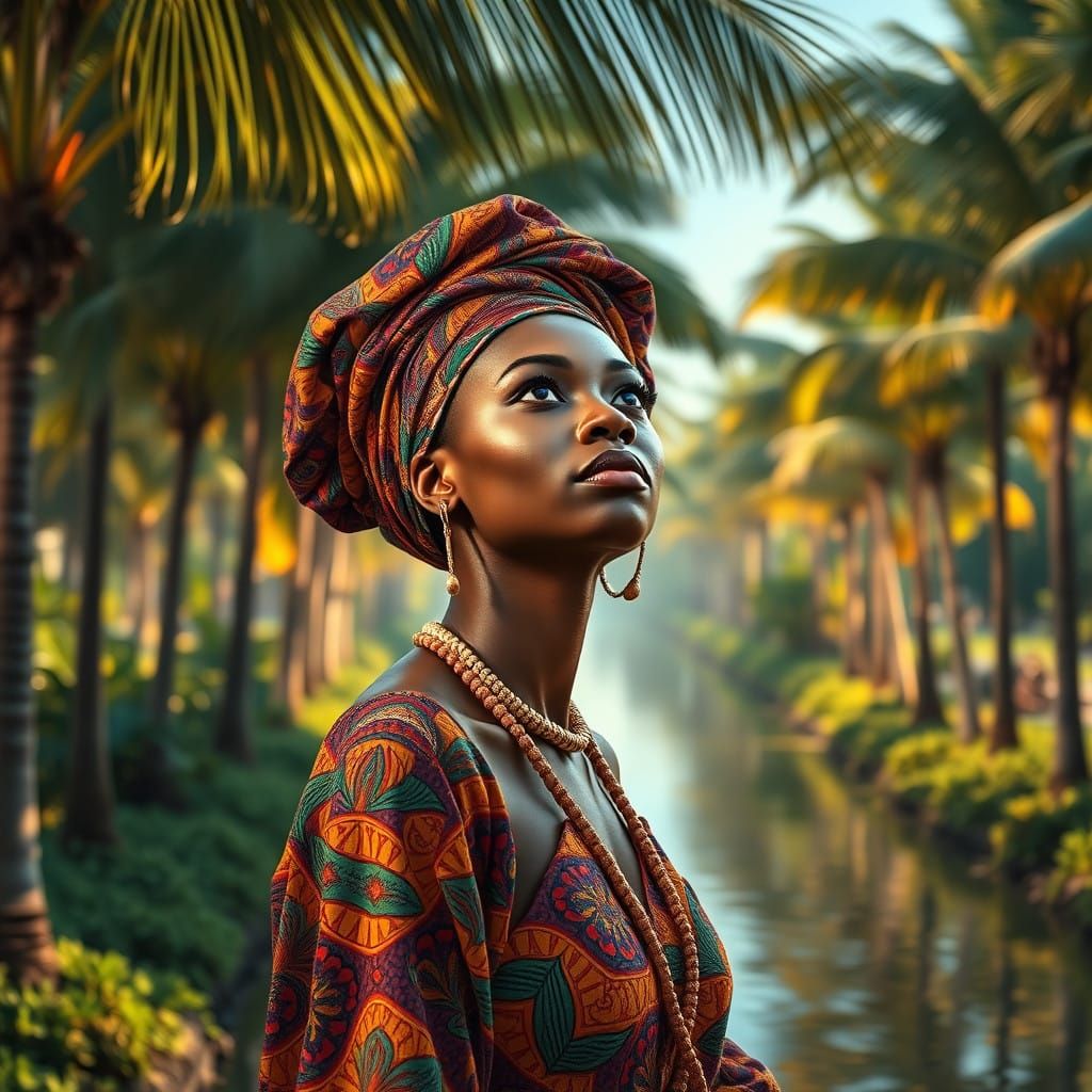 Confident Woman in Vibrant Yoruba Attire, Set Against a Sere...