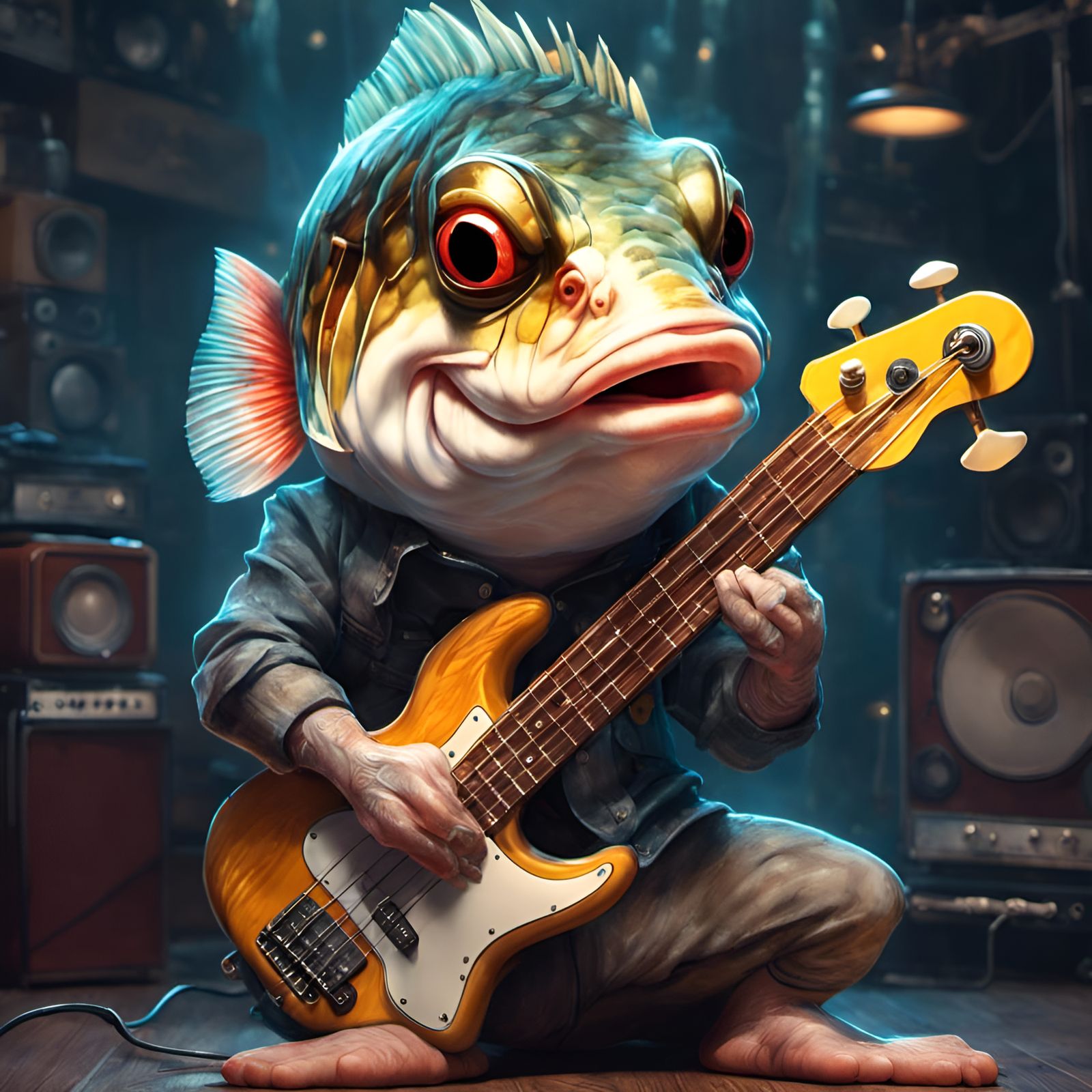 Bass Fish Plays Guitar: Digital Art Portrait