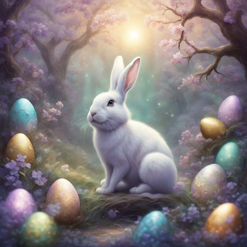 Majestic Easter Bunny Conjured with Magical Powers in Pastel...