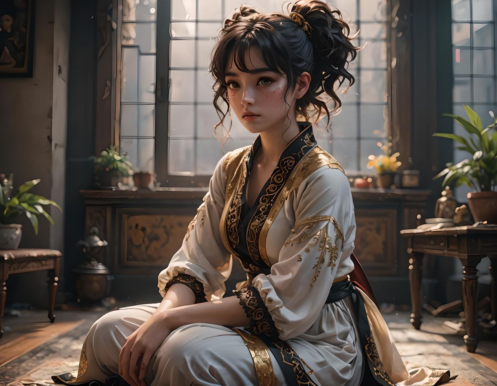 Woman with Curly Hair Kneeling Under Starry Sky