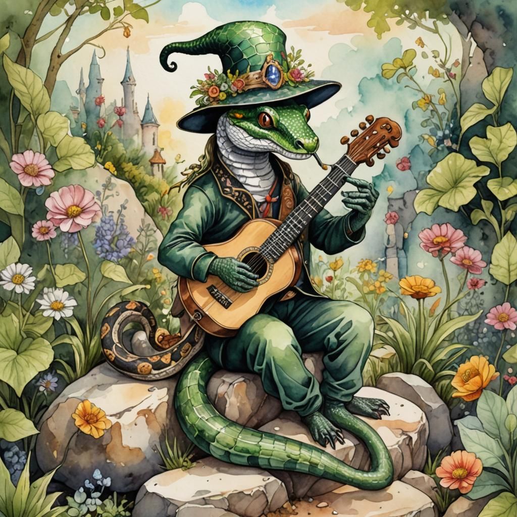 Gem Snake Bard in Whimsical Garden Illustration