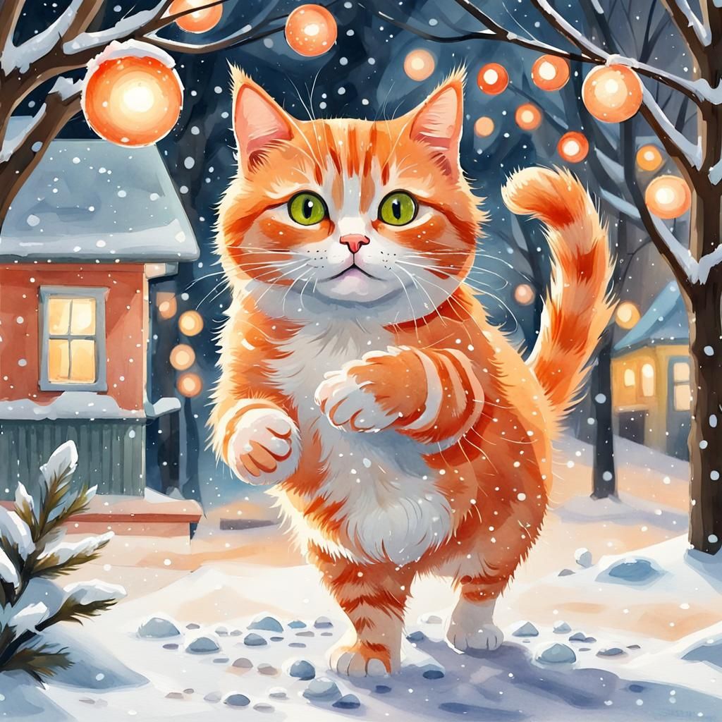 Orange Cat Snowball Fight: Watercolor Gouache Illustration