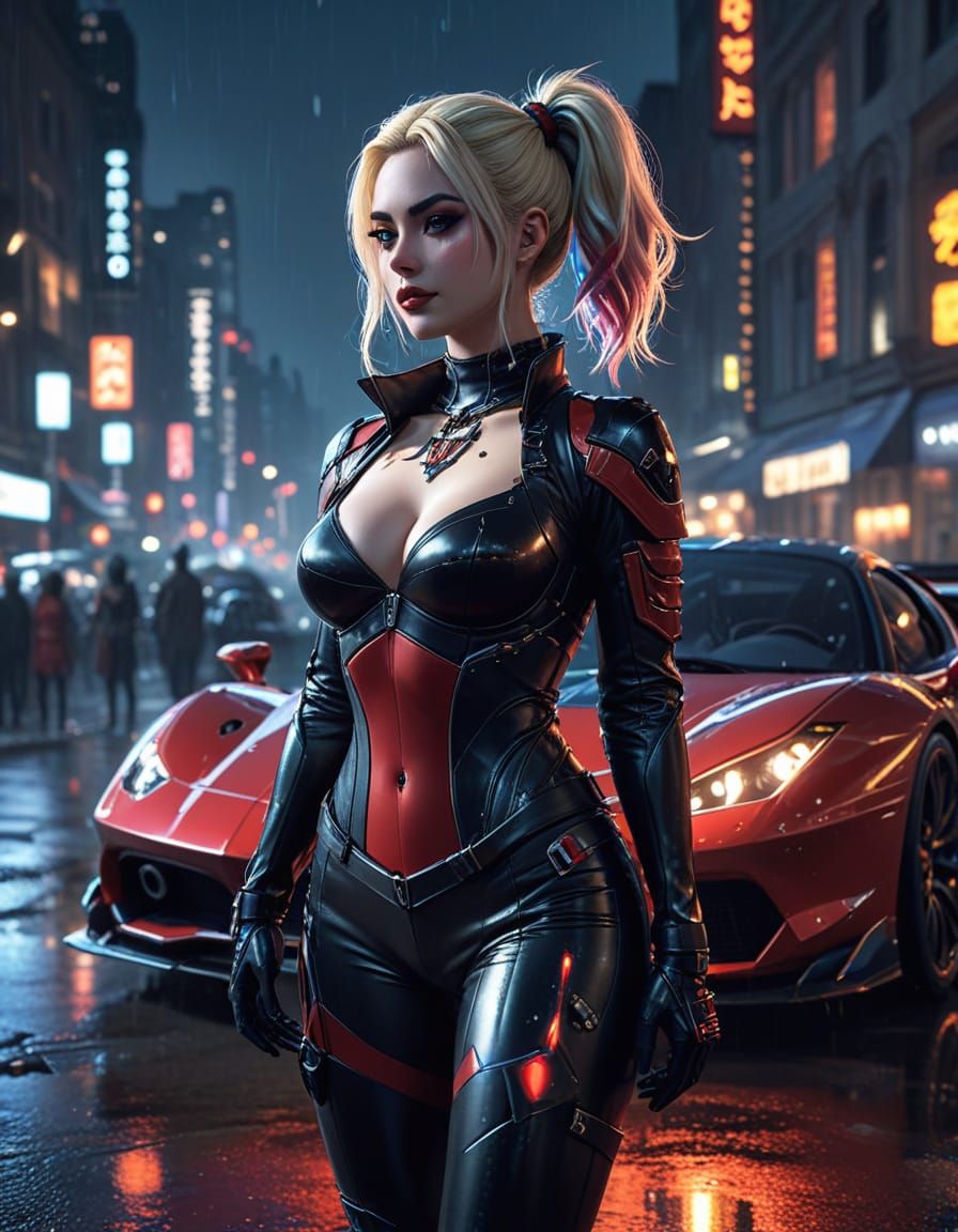 Cyberpunk Harley Quinn Stands Beside a Ferrari in Gotham Cit...
