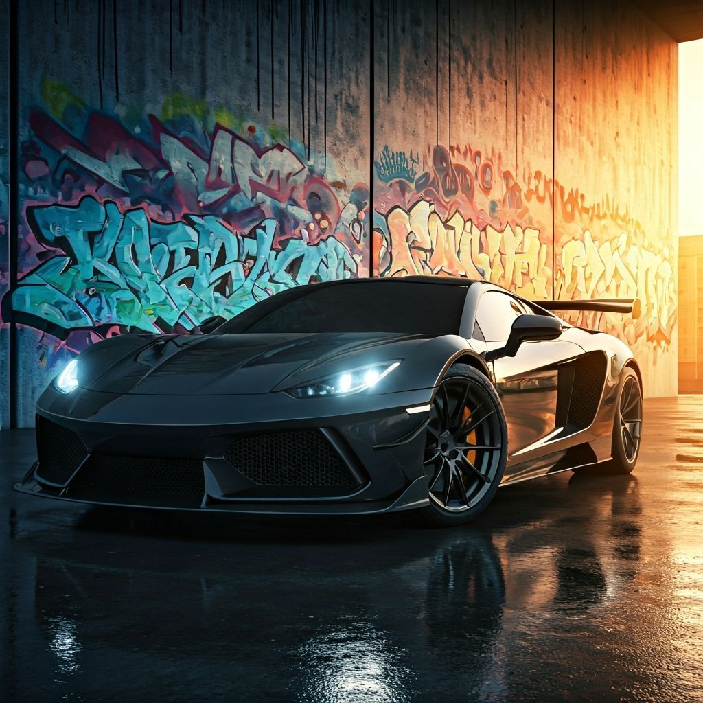 Hyper-Realistic Black Sports Car with Graffiti
