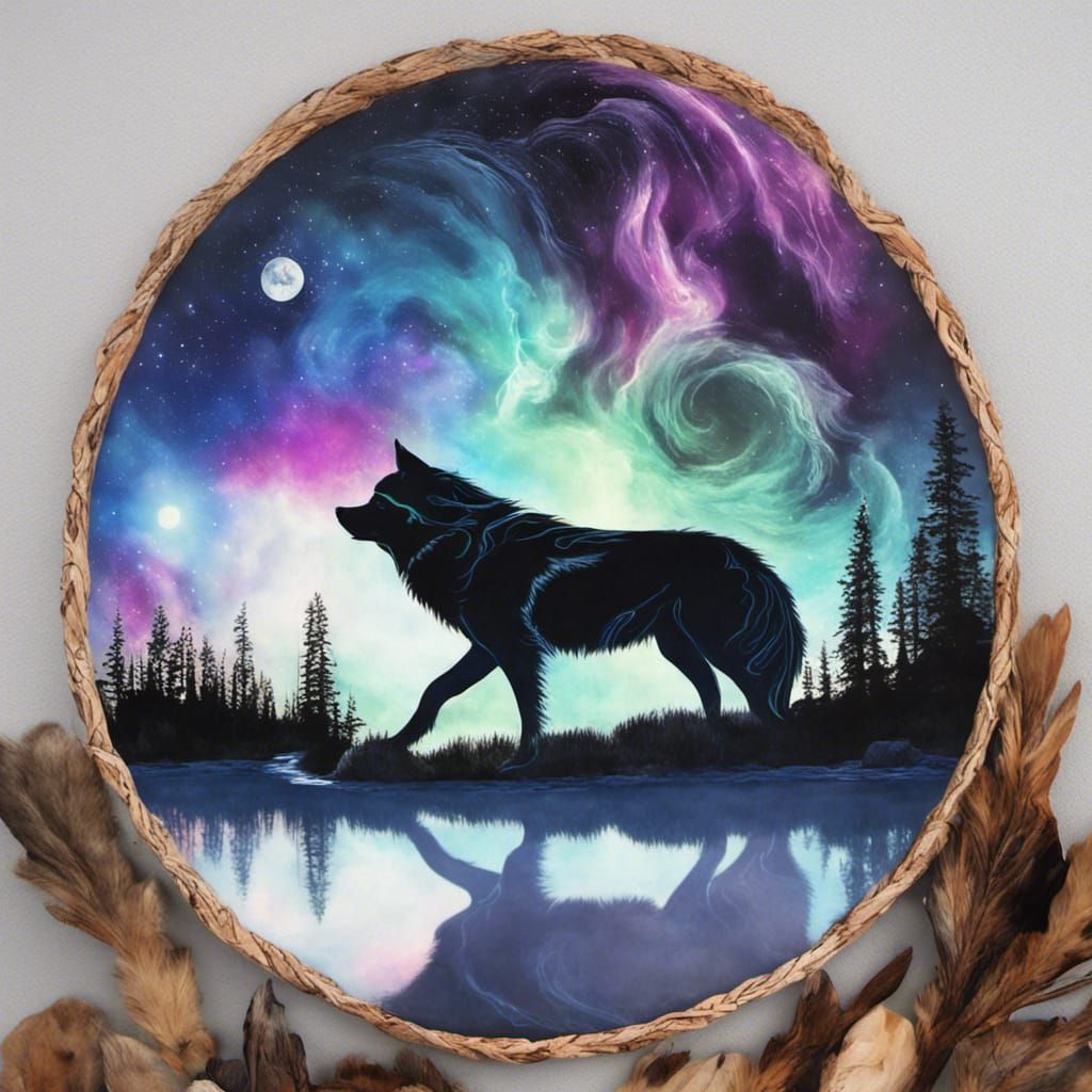 Spirit Wolf with Galaxy, Moon and Northern Lights