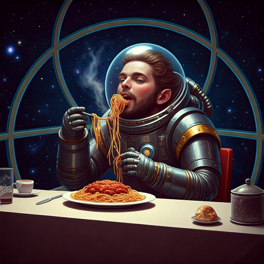 Centaur Astronaut Enjoys Spaghetti in Space Station