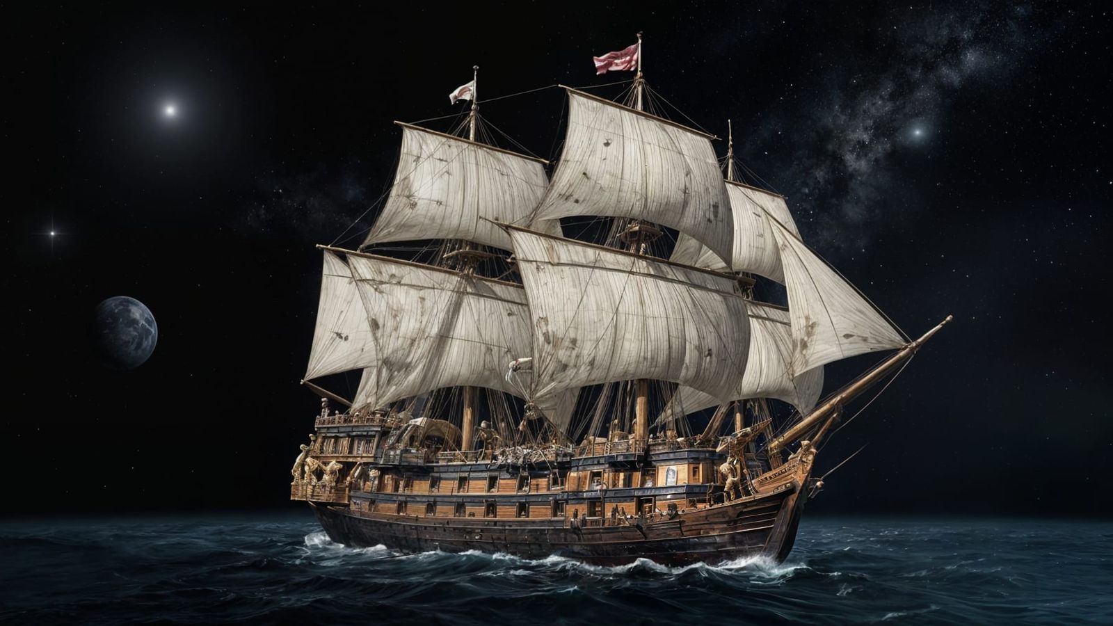 17th Century Galleon Sailing Through Starry Outer Space