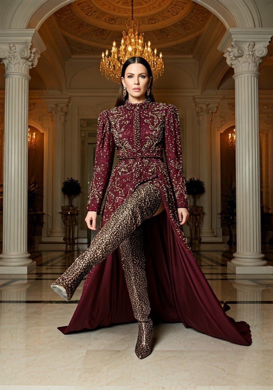Opulent Fashion: Woman's Dynamic Kick in Lavish Foyer