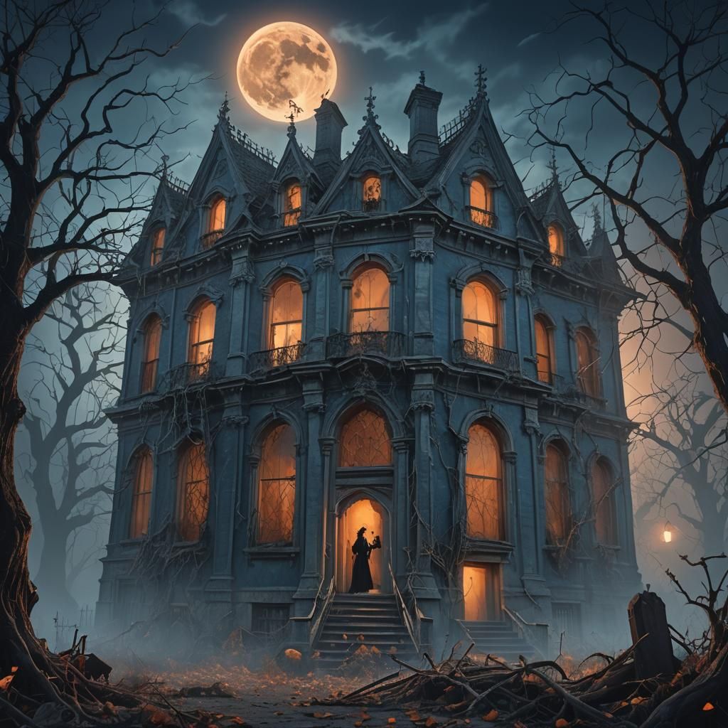Eerie Gothic Mansion with Ghosts in Digital Matte Painting